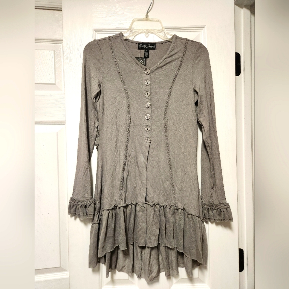 Gretty Zueger Ruffle Blouse Small Pewter NWT